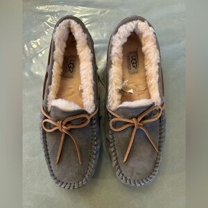 UGG Gray Moccasin Slippers with Tan Bow